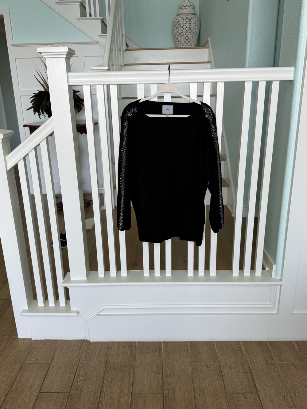 Women's Black Crew Neck Sweater with Metallic Sleeve Detail